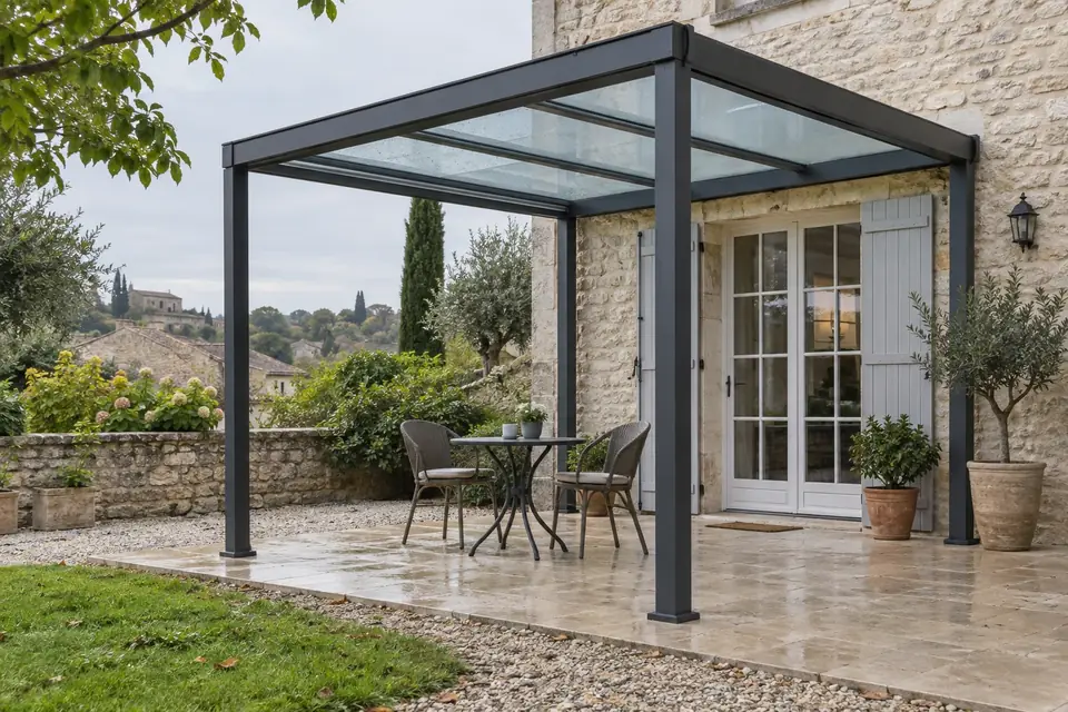 Pergola aluminium à couverture fixe au-dessus d’une petite terrasse