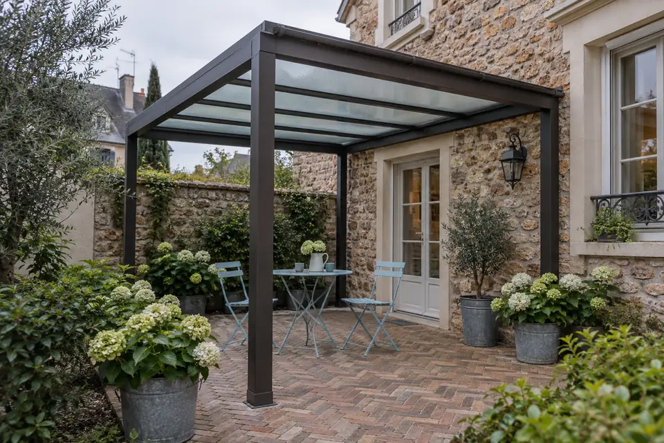 Pergola aluminium blanche sur une terrasse ouverte sur la mer