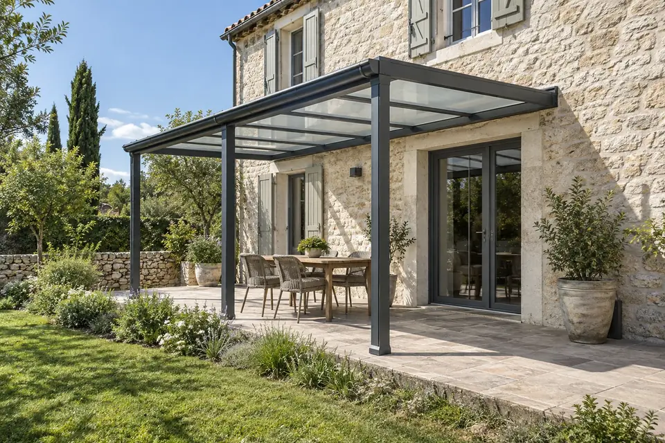 Pergola aluminium adossée à une façade, au-dessus d’une table de jardin