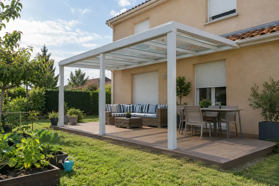 Pergola aluminium adossée avec couverture vitrée et mobilier d’extérieur