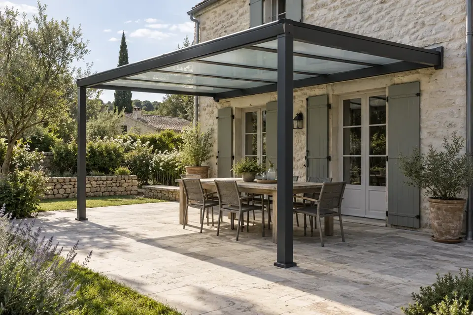 Pergola aluminium en longueur avec poteaux fins sur une terrasse carrelée