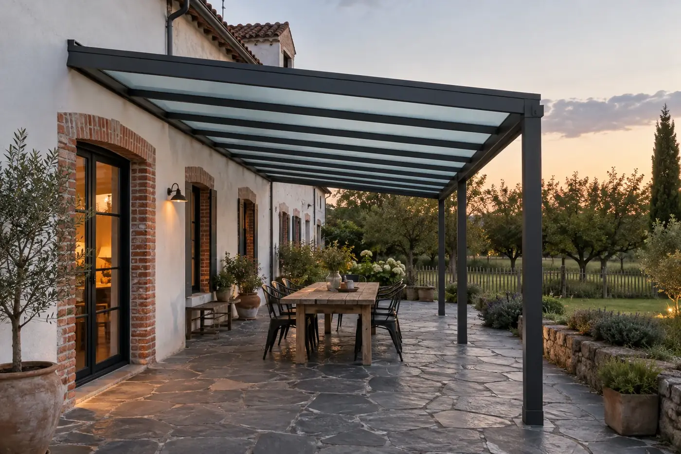 Exemple de pergola pour une terrasse à Roquebrune-sur-Argens — pergola aluminium le long d’une maison de plain-pied, vue depuis le jardin