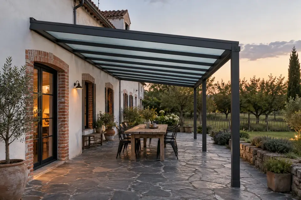 Pergola aluminium le long d’une maison de plain-pied, vue depuis le jardin