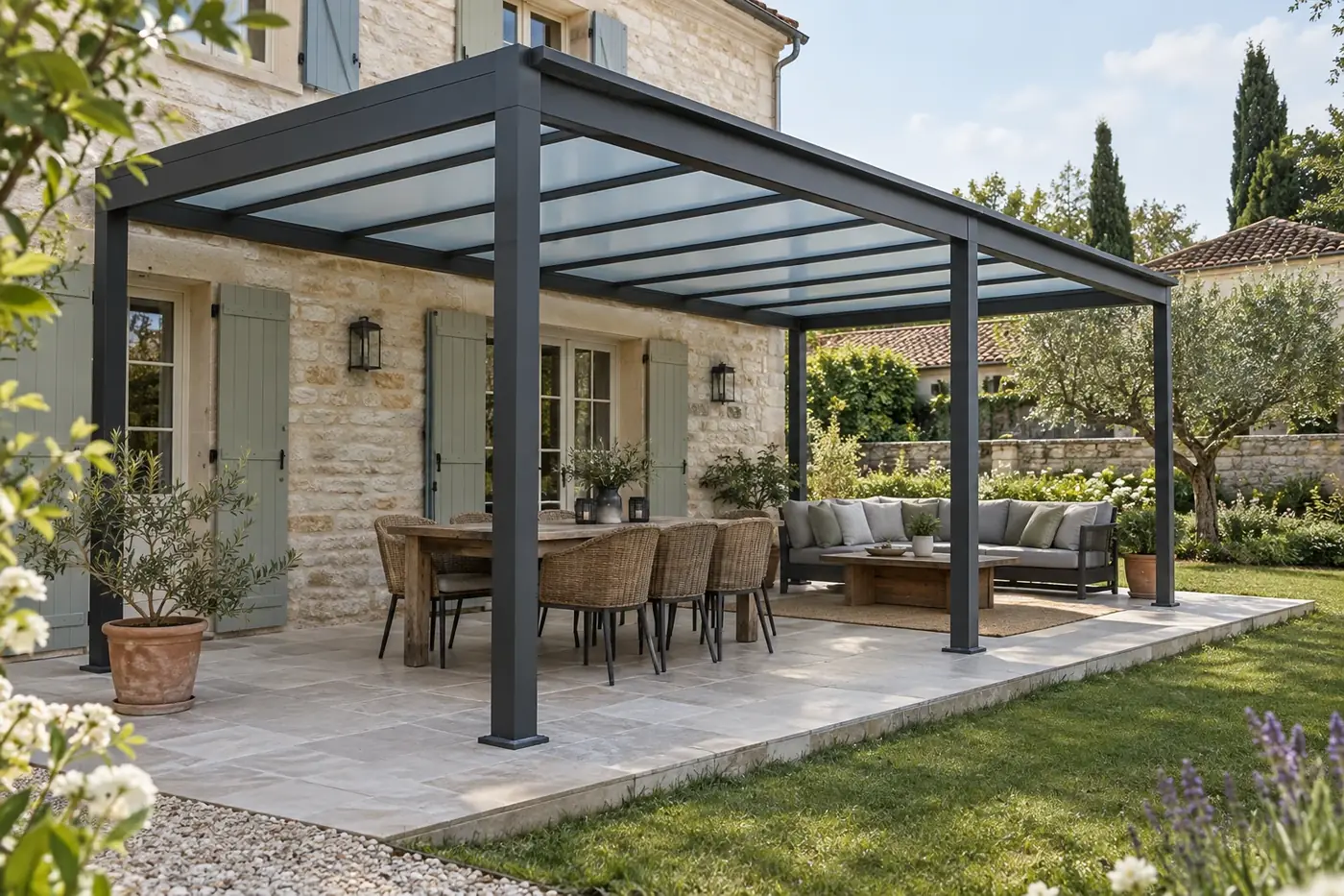 Exemple de pergola pour une terrasse à Six-Fours-les-Plages — grande pergola aluminium couvrant une terrasse et son coin repas