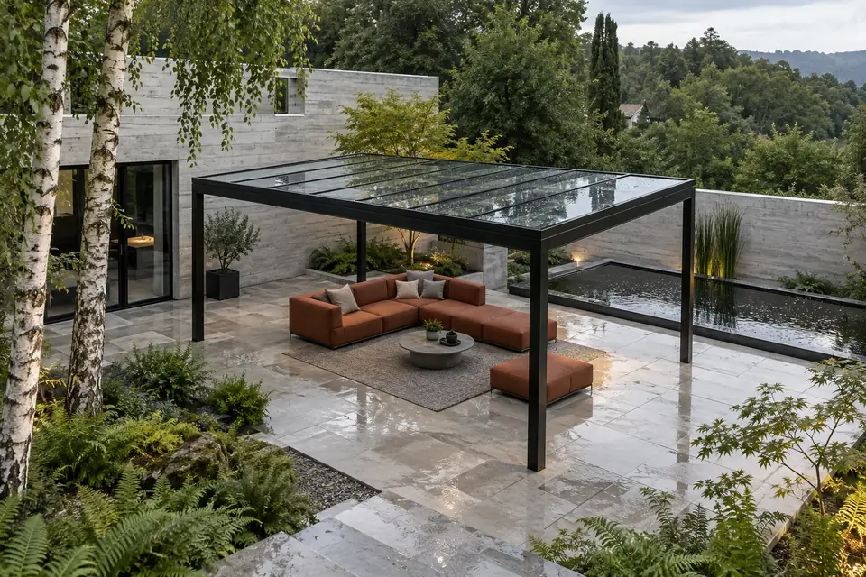 Pergola aluminium de grande portée abritant une cuisine d’été