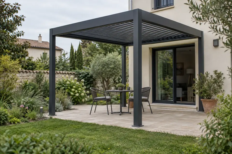 Pergola bioclimatique à lames orientables au-dessus d’un coin salon de terrasse