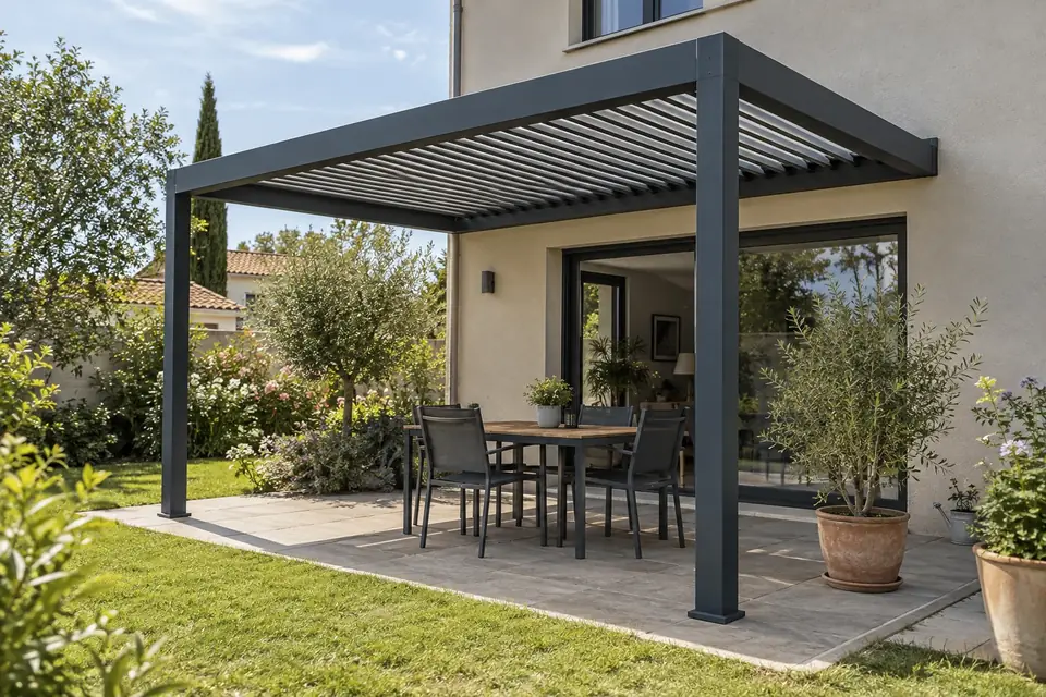 Pergola bioclimatique anthracite abritant une table de repas sur une terrasse