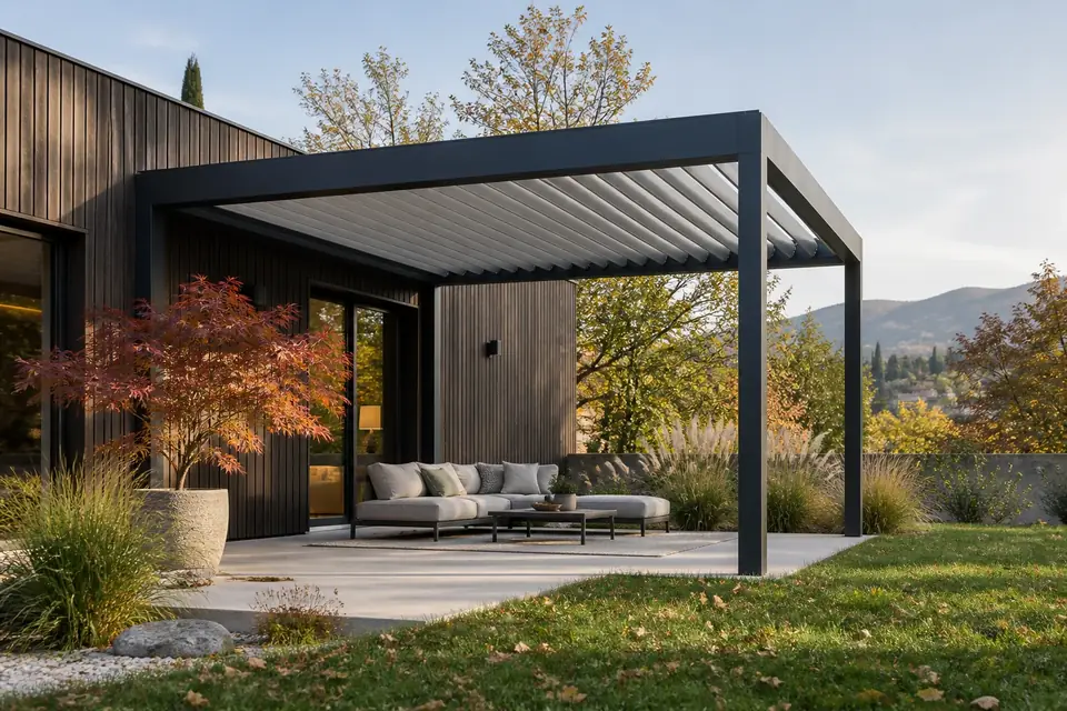 Pergola bioclimatique aux lames entrouvertes filtrant le soleil sur une terrasse
