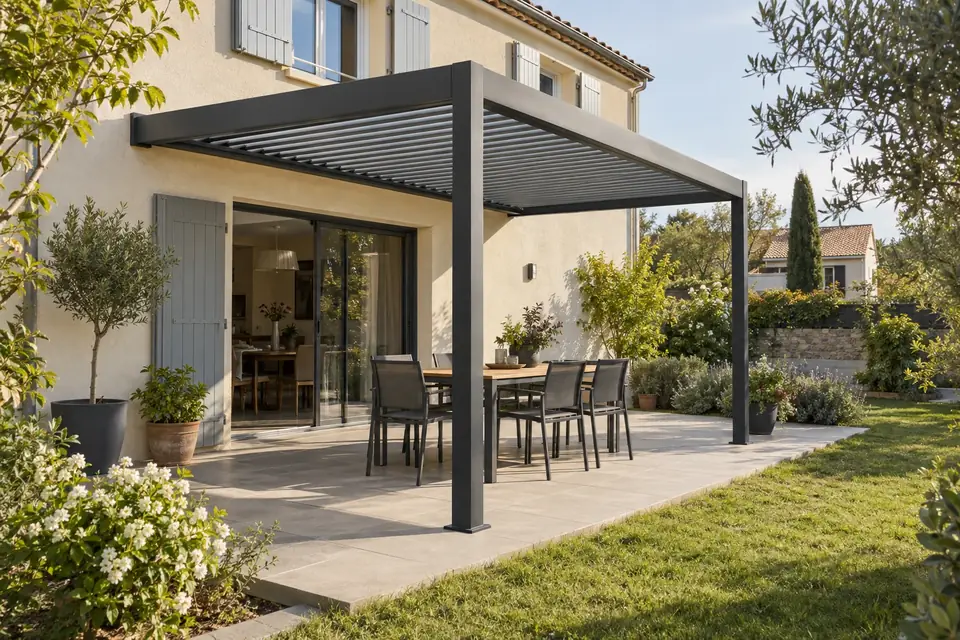 Pergola bioclimatique en longueur le long d’une façade claire