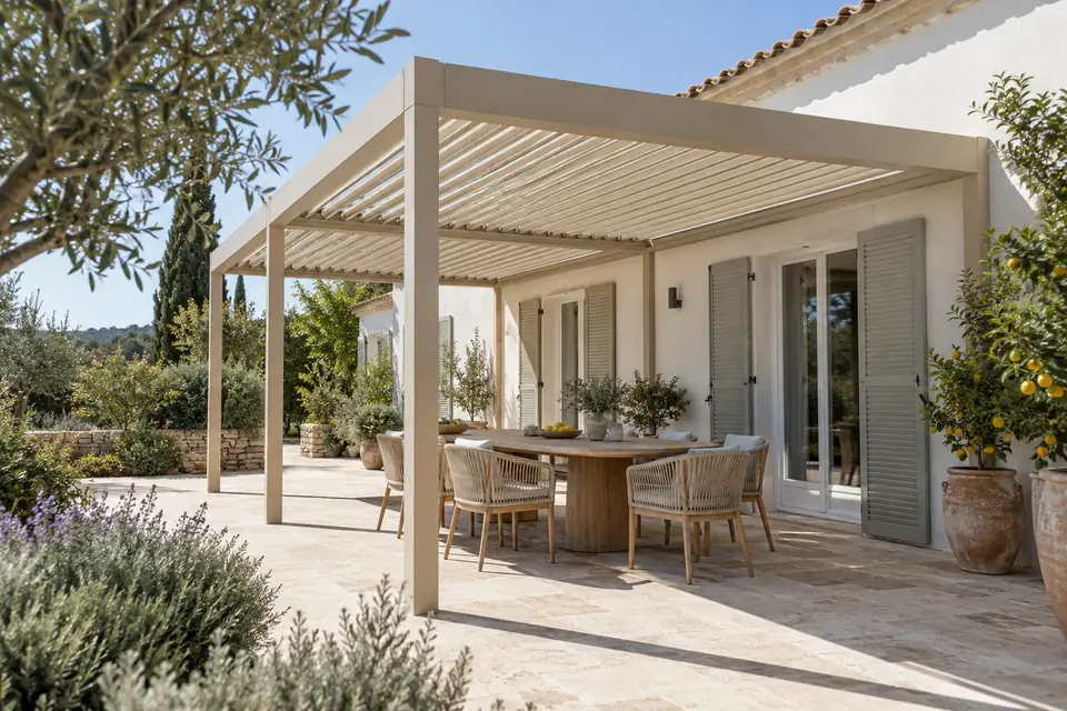 Pergola bioclimatique avec store vertical déroulé sur le côté d’une terrasse