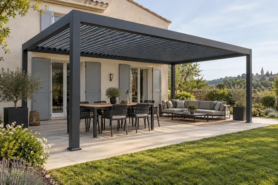 Grande pergola bioclimatique couvrant un salon d’été au bord d’une piscine