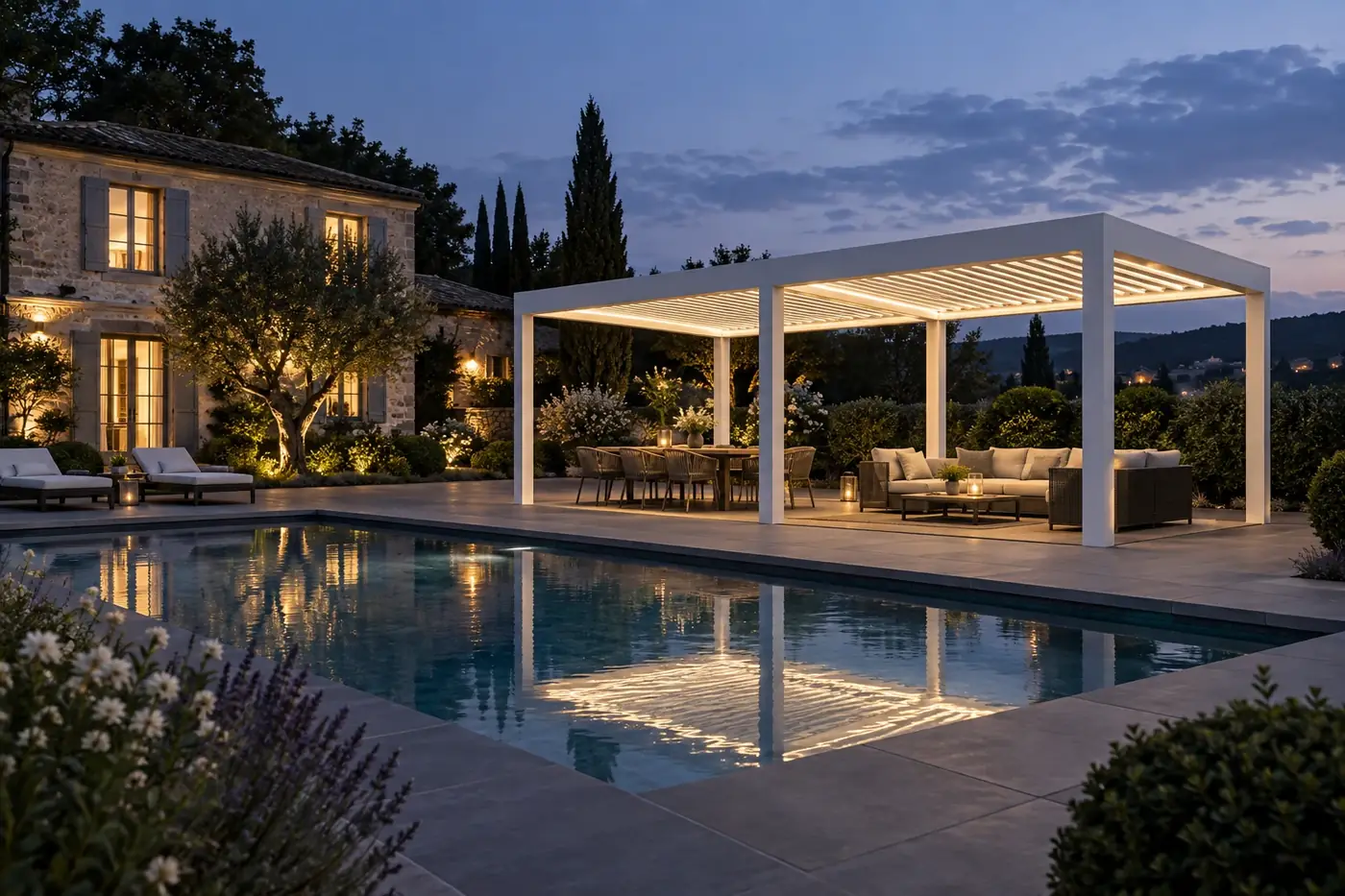 Pergola bioclimatique aux lames orientables sur une terrasse méditerranéenne, devant une villa du Var