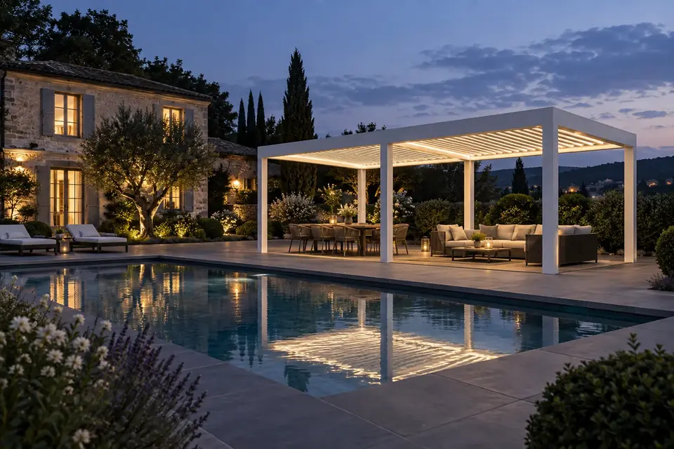 Pergola bioclimatique de grande dimension ouverte sur un jardin planté