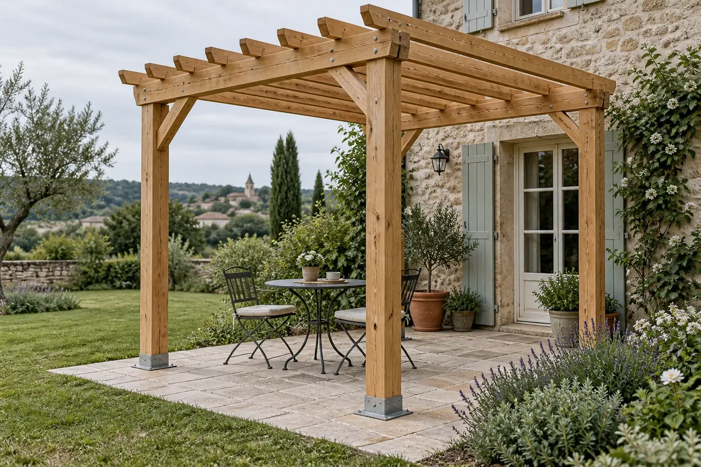 Exemple de pergola pour une terrasse à La Garde — pergola en bois à chevrons apparents au-dessus d’un coin détente