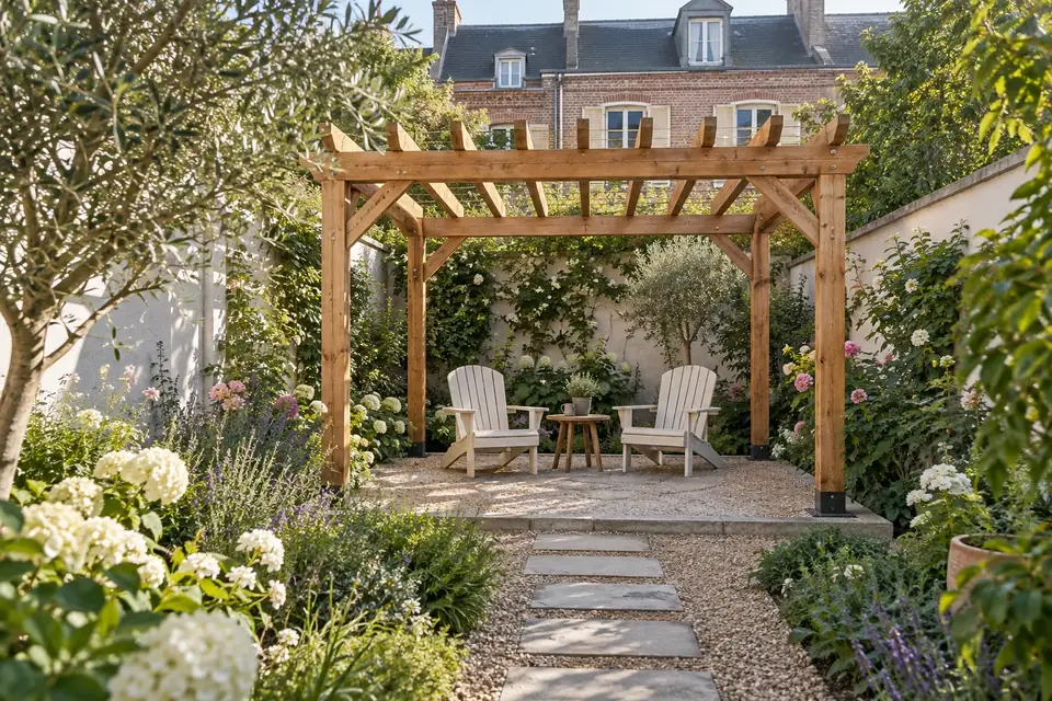 Pergola en bois clair sur une terrasse entourée de végétation