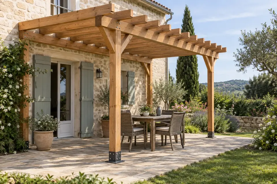 Pergola en bois autoportée abritant une table dans un jardin