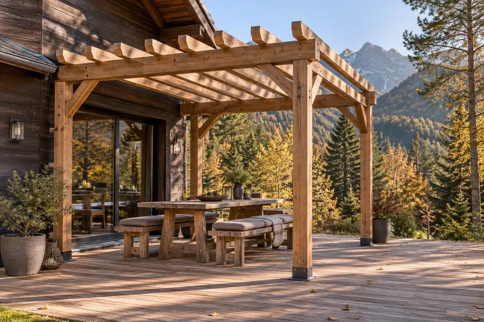 Pergola en bois avec toile tendue filtrant la lumière au-dessus d’une terrasse