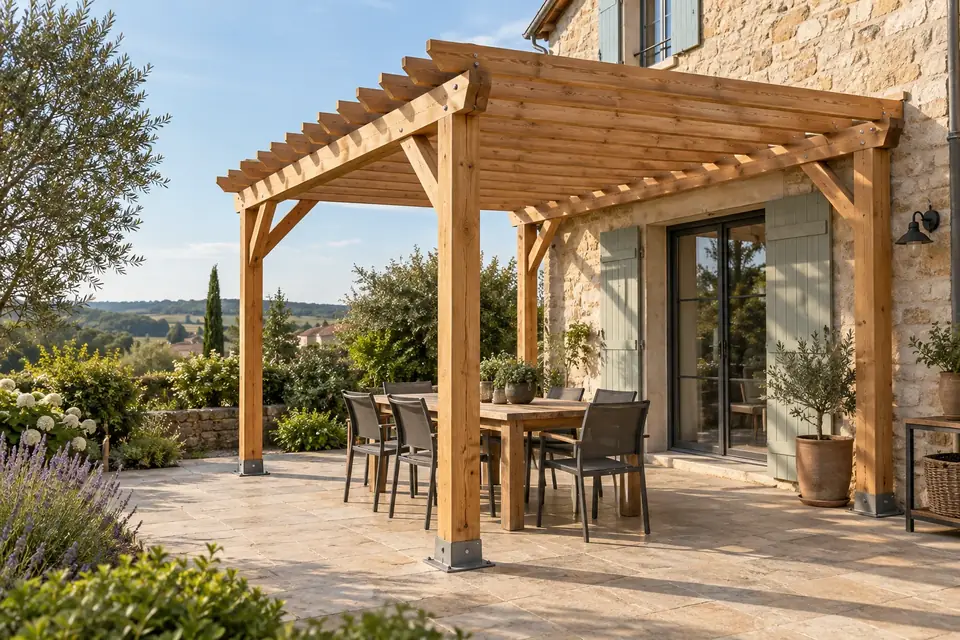 Pergola en bois en longueur adossée à une maison en enduit clair