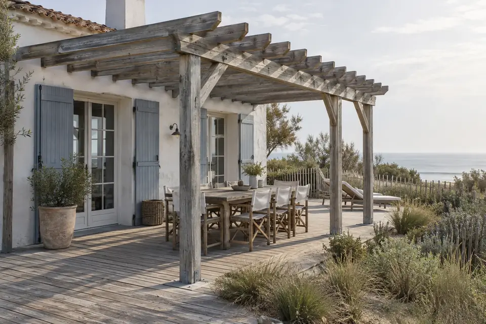 Pergola en bois le long d’une façade, chevrons ouverts sur le ciel
