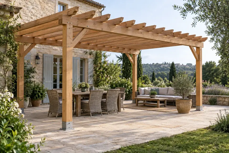 Grande pergola en bois à poutres apparentes ouverte sur un jardin